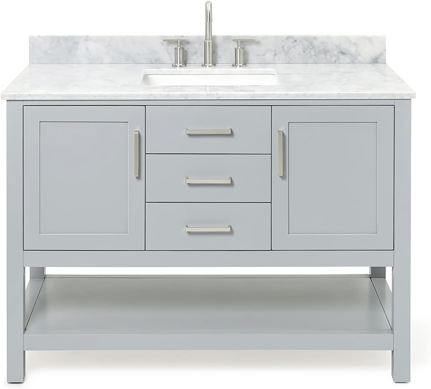 ARIEL Bayhill 48-inch Bathroom Vanity with Sink,Solid Wood, 0.75-inch Italian Carrara Marble Countertop, Single Rectangular Porcelain Sink, 2 Soft Closing Doors, 2 Dovetail Drawers, Grey
