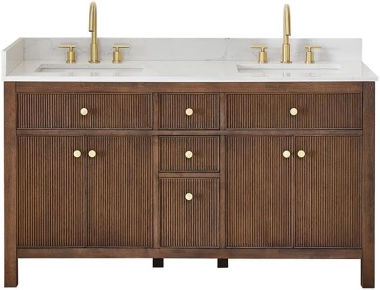 Pemberly Row 60' Wood Bathroom Vanity, Brown Brushed Oak, Fluted Doors, Grain White Engineered Stone Top, Soft-Closing Storage, Ceramic Undermount Sink, Modern Design for Bathroom Elegance