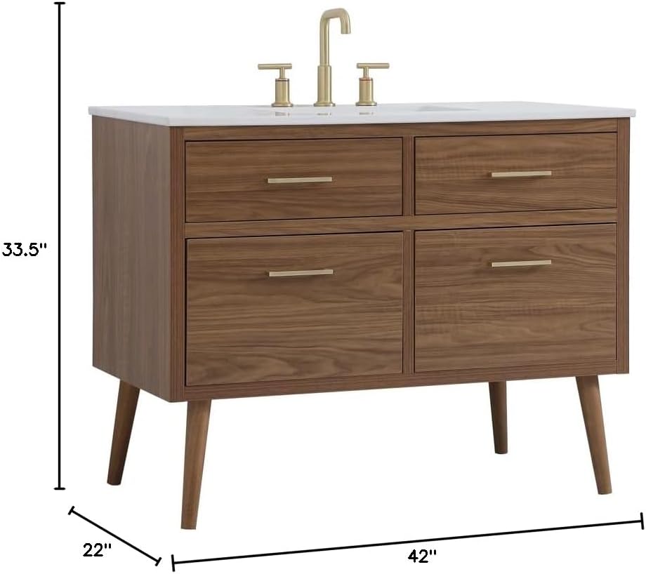 42' Pre-Assembled Bathroom Vanity with Sink, Engineered Wood, Ivory White Engineered Marble Countertop Attached, Single Rectangle Porcelain Sink, 2 Soft-Close Drawers, Walnut Brown