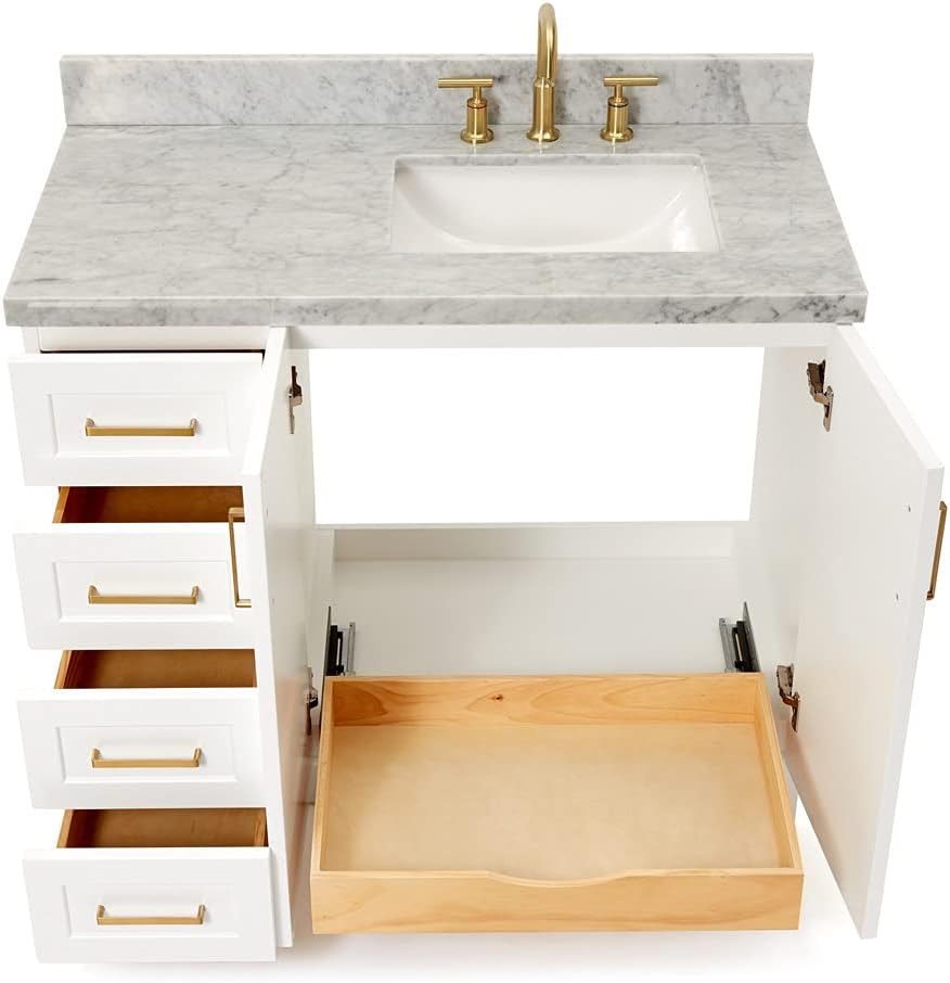 ARIEL 30-Inch Grey Bathroom Vanity with Sink, Solid Wood Cabinet, 1.5-Inch Carrara Marble Countertop, Rectangular Undermount Sink, 2 Soft Closing Doors, Brushed Nickel Hardware