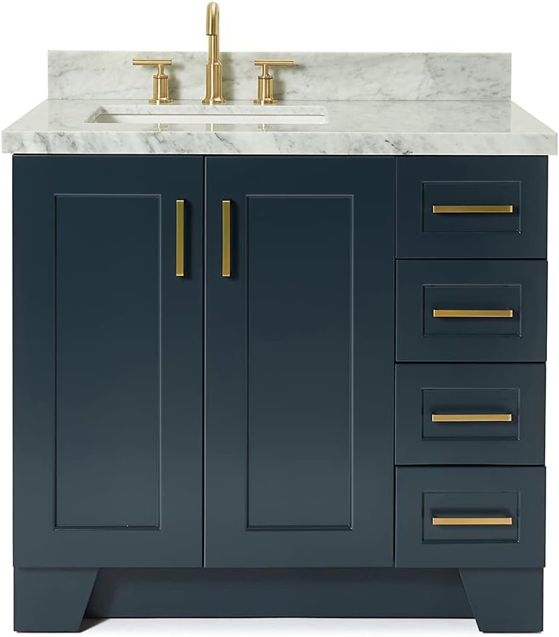 ARIEL Taylor 36-inch Bathroom Vanity with Sink,Solid Wood, 1.5-inch Italian Carrara Marble Countertop, Single Rectangular Porcelain Sink, 2 Soft Closing Doors, 5 Dovetail Drawers, Midnight Blue