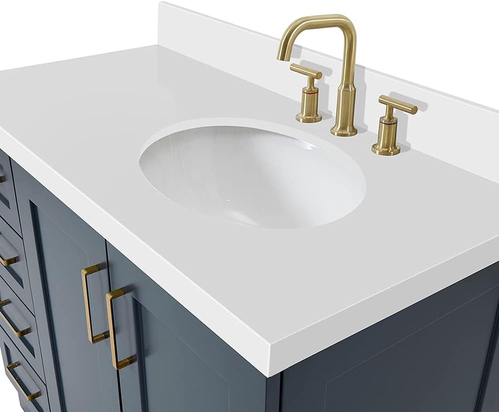 ARIEL Taylor 42-inch Bathroom Vanity with Sink,Solid Wood, 1.5-inch Pure White Quartz Countertop & Backsplash, Single Oval Porcelain Sink, 2 Soft Closing Doors, 5 Dovetail Drawers, Midnight Blue