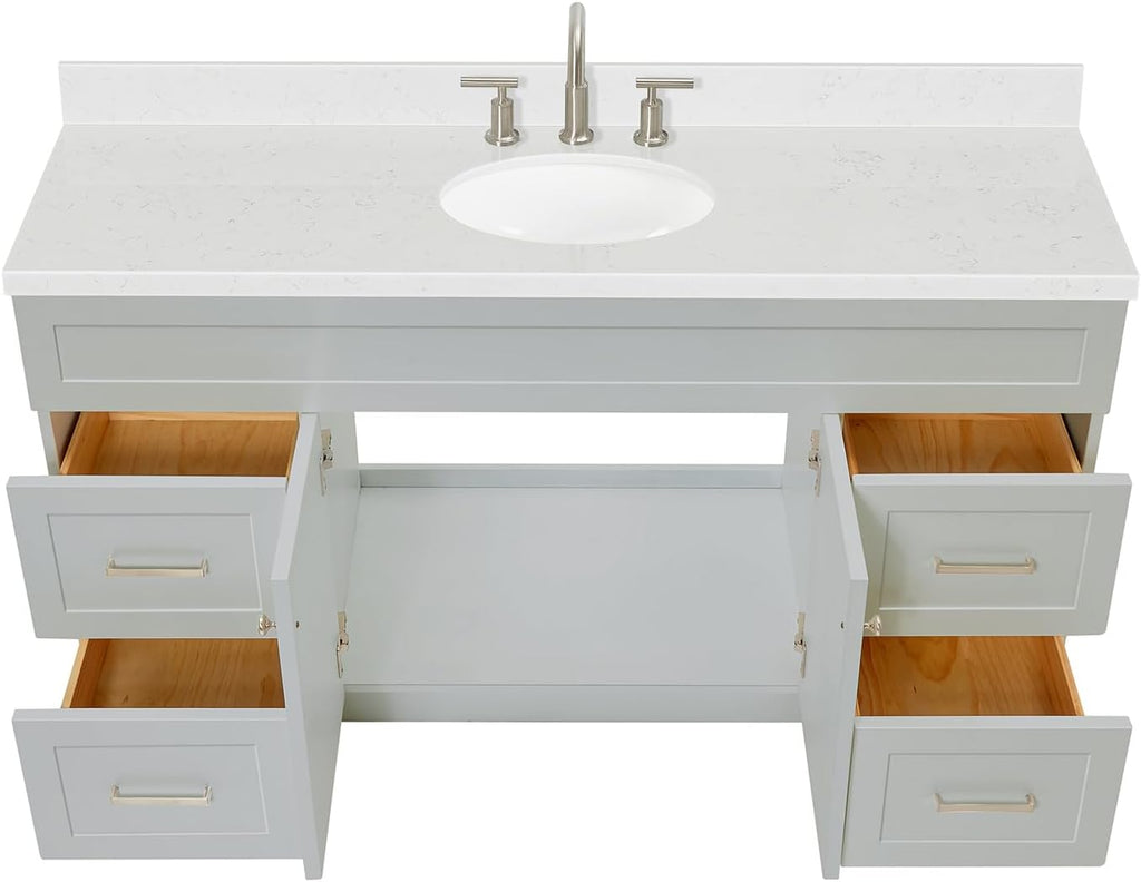 ARIEL Hamlet 60-inch Bathroom Vanity with Sink,Solid Wood, 1.5-inch Carrara White Quartz Countertop & Backsplash, Single Oval Porcelain Sink, 2 Soft Closing Doors, 4 Dovetail Drawers, Grey
