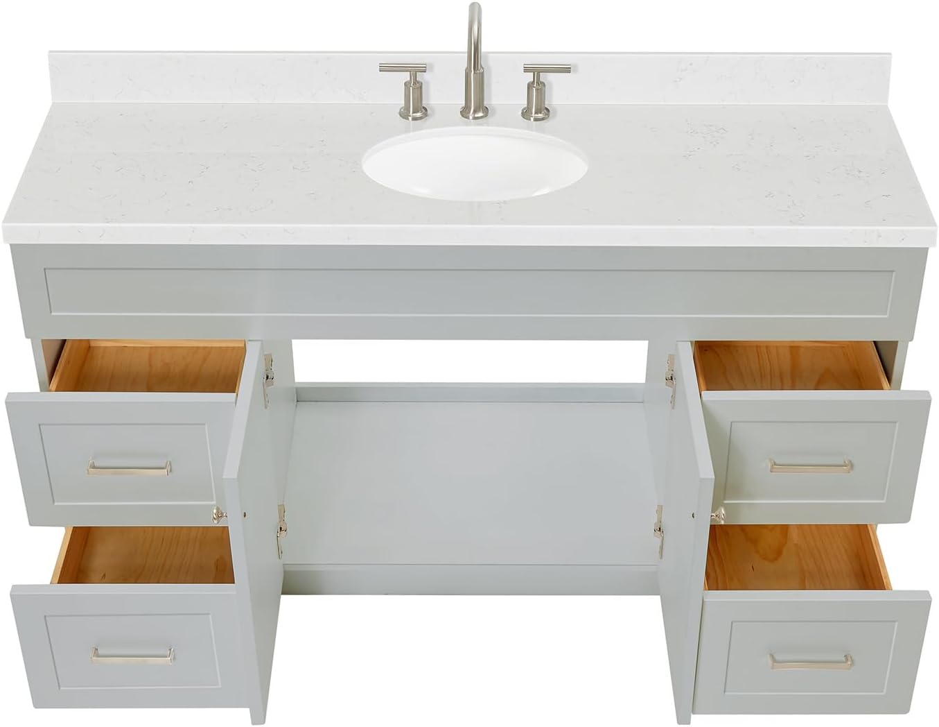 ARIEL Hamlet 60-inch Bathroom Vanity with Sink,Solid Wood, 1.5-inch Carrara White Quartz Countertop & Backsplash, Single Oval Porcelain Sink, 2 Soft Closing Doors, 4 Dovetail Drawers, Grey