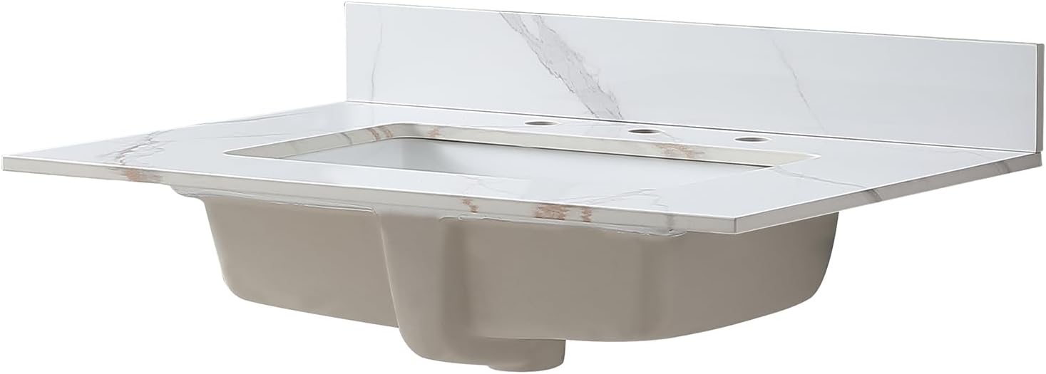 Leavader Sintered Stone Vanity Sink Top - 31 x 22 Inch Three Holes Vanity Top with Undermount Ceramic Sink & Backsplash, Marble Bathroom Countertops Vanity Top with Sink, Carrara Gold