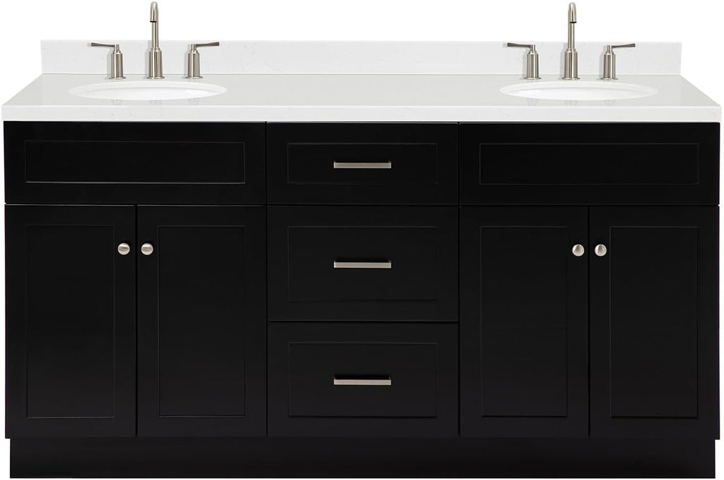 ARIEL Hamlet 66-inch Bathroom Vanity with Sink,Solid Wood, 1.5-inch Carrara White Quartz Countertop & Backsplash, Double Oval Porcelain Sink, 4 Soft Closing Doors, 3 Dovetail Drawers, Black