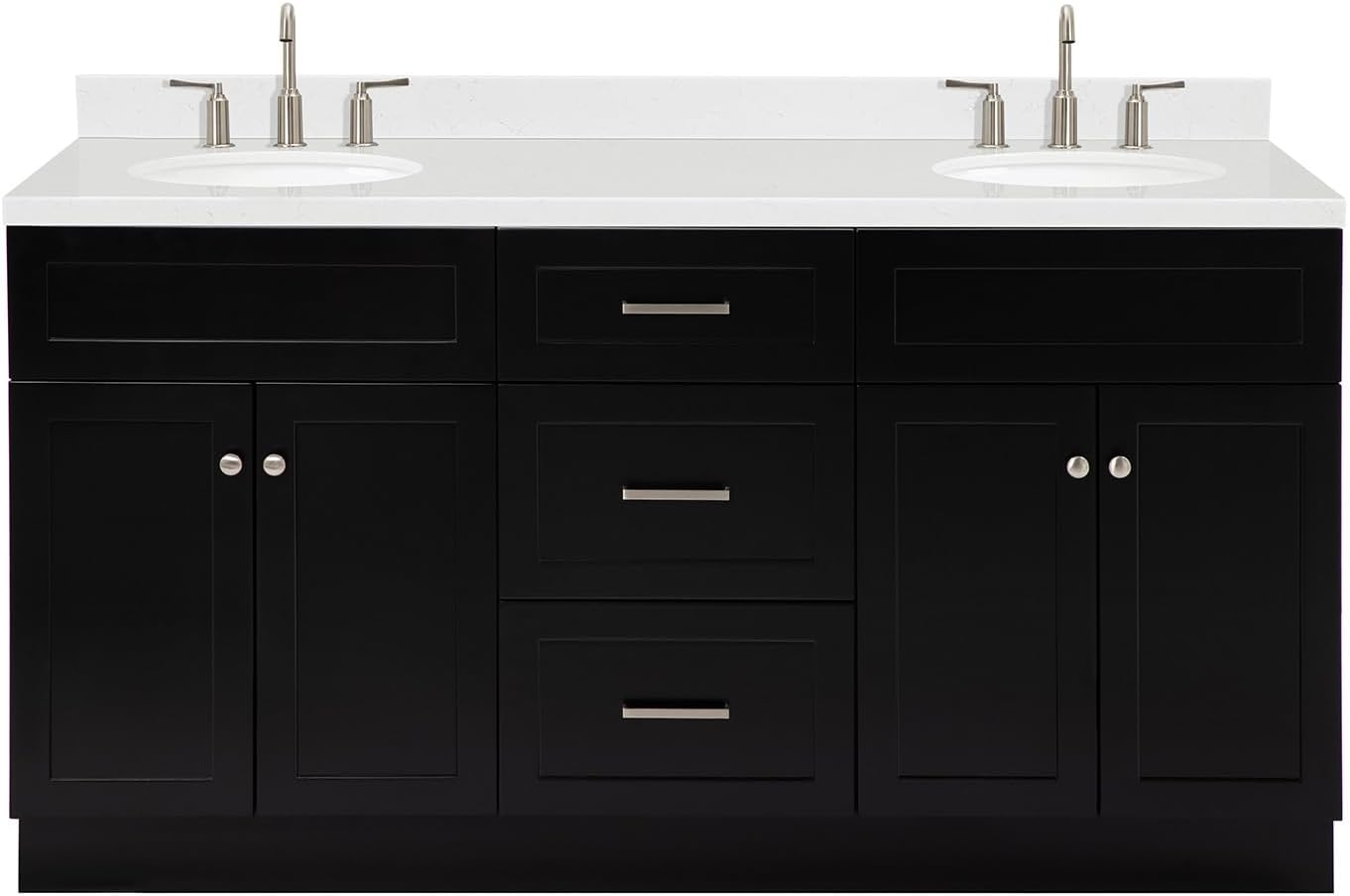 ARIEL Hamlet 66-inch Bathroom Vanity with Sink,Solid Wood, 1.5-inch Carrara White Quartz Countertop & Backsplash, Double Oval Porcelain Sink, 4 Soft Closing Doors, 3 Dovetail Drawers, Black