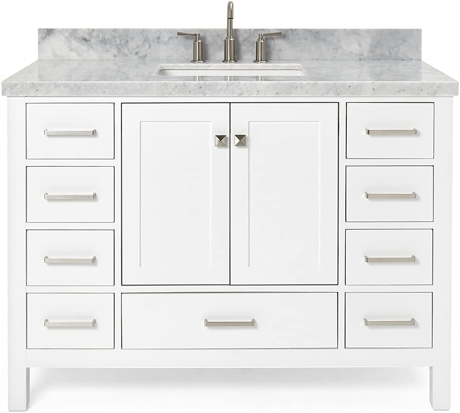 ARIEL Cambridge 48-inch Bathroom Vanity with Sink,Solid Wood, 1.5-inch Italian Carrara Marble Countertop, Single Rectangular Porcelain Sink, 2 Soft Closing Doors, 9 Dovetail Drawers, White