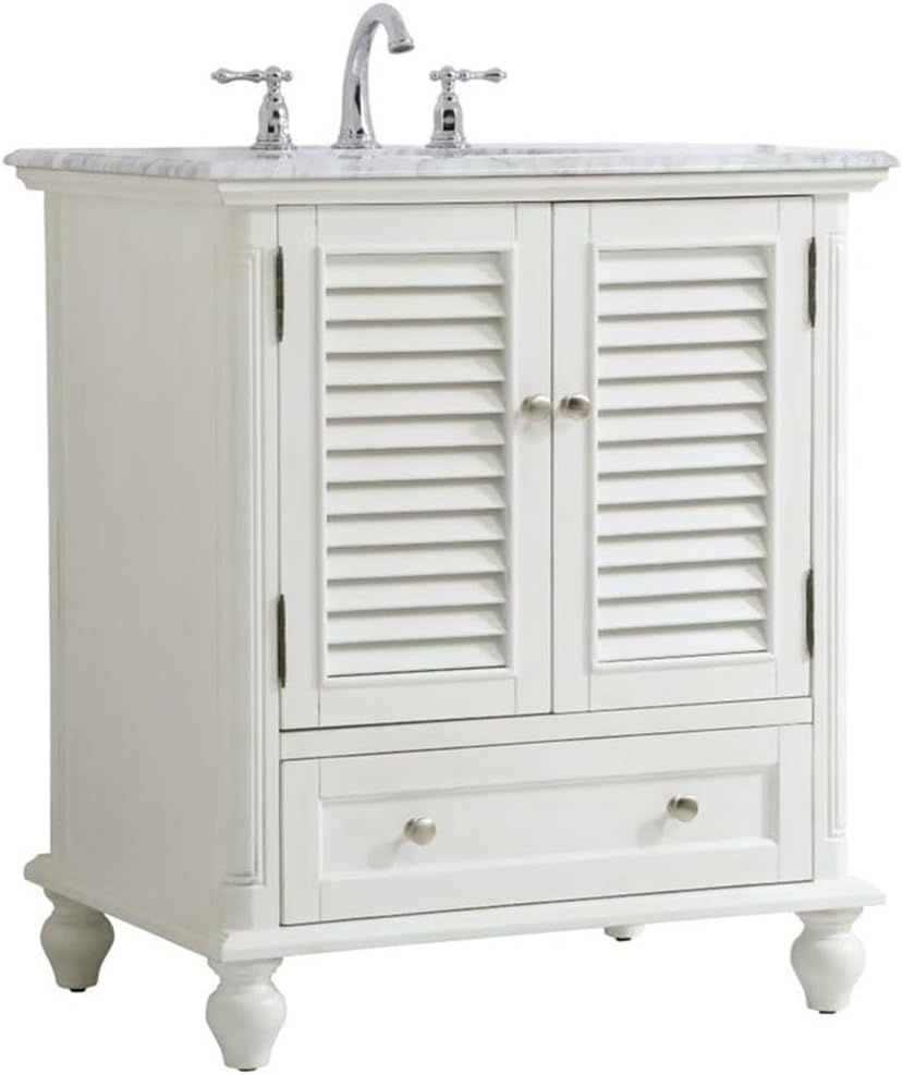 Pemberly Row 30' Single Marble Top Bathroom Vanity in Antique White