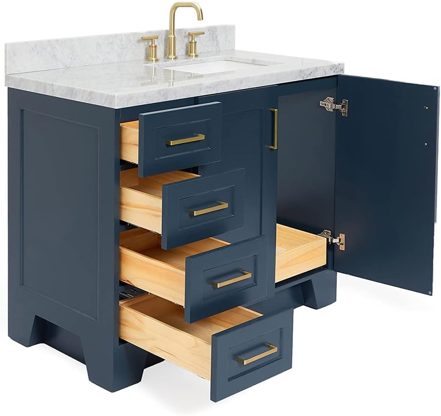 ARIEL 42' Gray Single Bathroom Vanity with Rectangular Sink, 1.5' Edge Pure White Quartz Countertop, Solid Wood Frame, 2 Soft-Closing Doors, 4 Dovetail Drawers, Satin Nickel