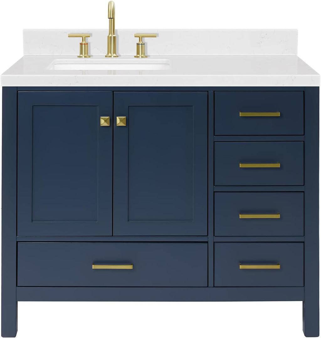 ARIEL Cambridge 42 Inch Single Left Offset Rectangle Sink Bathroom Vanity with Carrara White Quartz Countertop 1.5 Edge in Midnight Blue