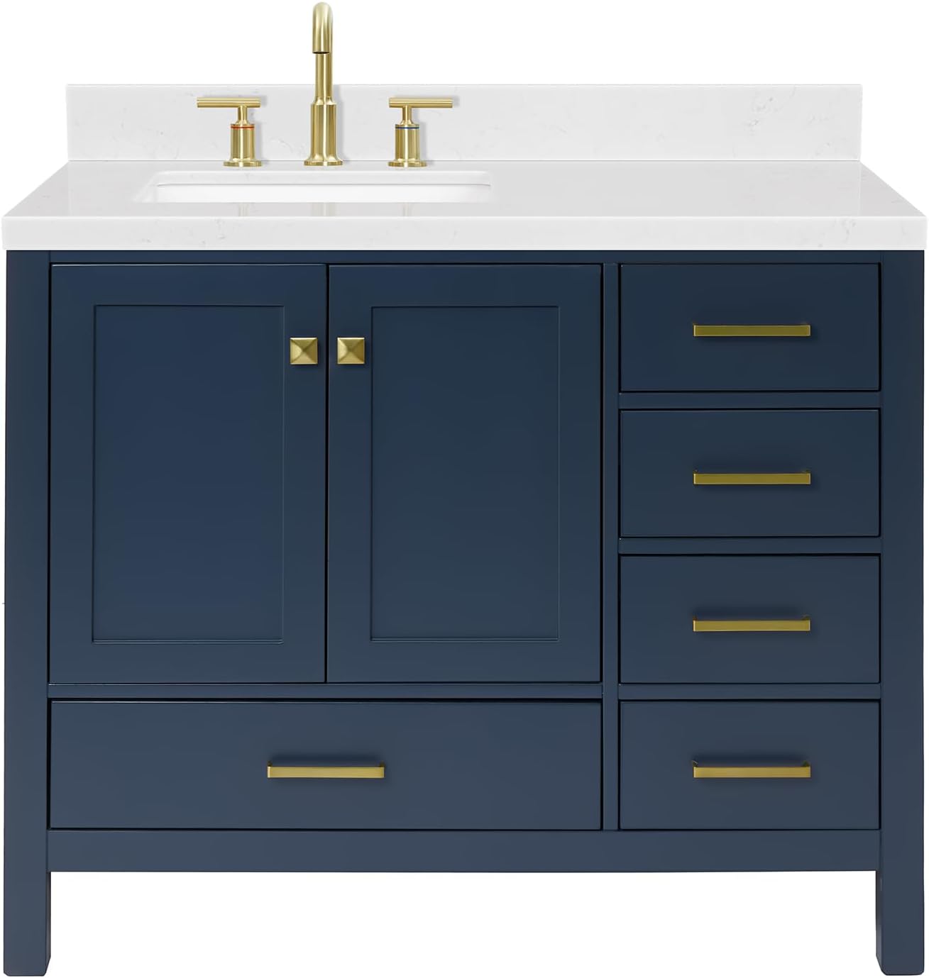 ARIEL Cambridge 42 Inch Single Left Offset Rectangle Sink Bathroom Vanity with Carrara White Quartz Countertop 1.5 Edge in Midnight Blue