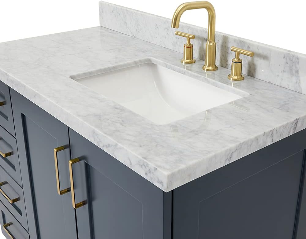 ARIEL 42' Gray Single Bathroom Vanity with Rectangular Sink, 1.5' Edge Pure White Quartz Countertop, Solid Wood Frame, 2 Soft-Closing Doors, 4 Dovetail Drawers, Satin Nickel