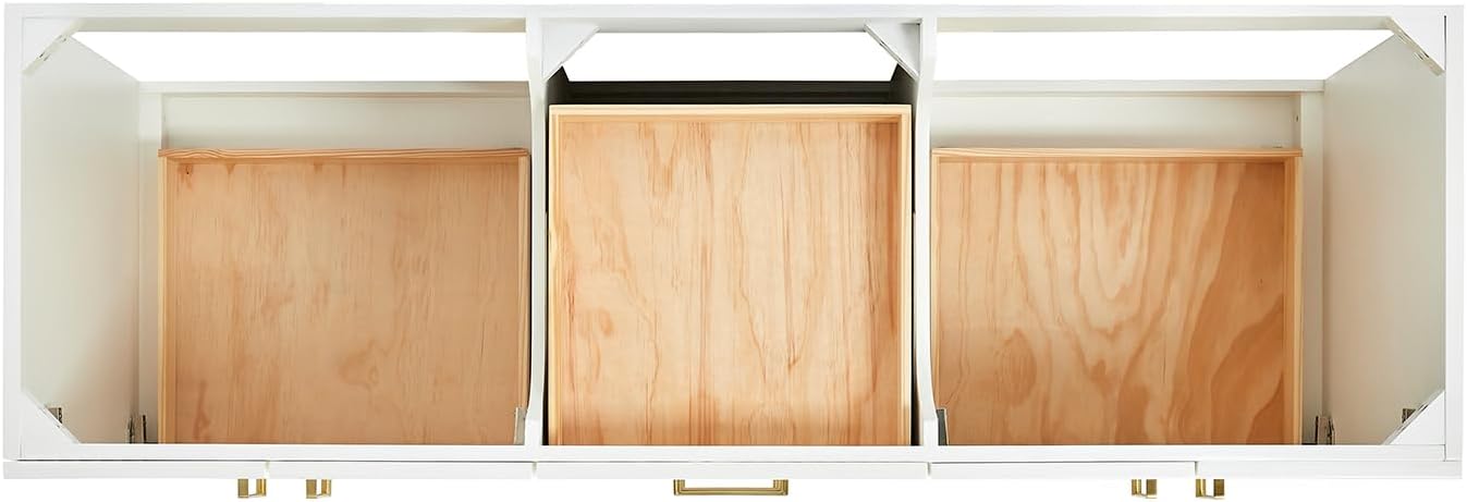 DKB Emilia 66-Inch White Double Bathroom Vanity, 1.5-Inch Edge Pure White Quartz Countertop & Backsplash, Oval Undermount Sinks, 4 Soft Closing Doors, 6 Dovetail Drawers, Toe Kick, Satin Brass
