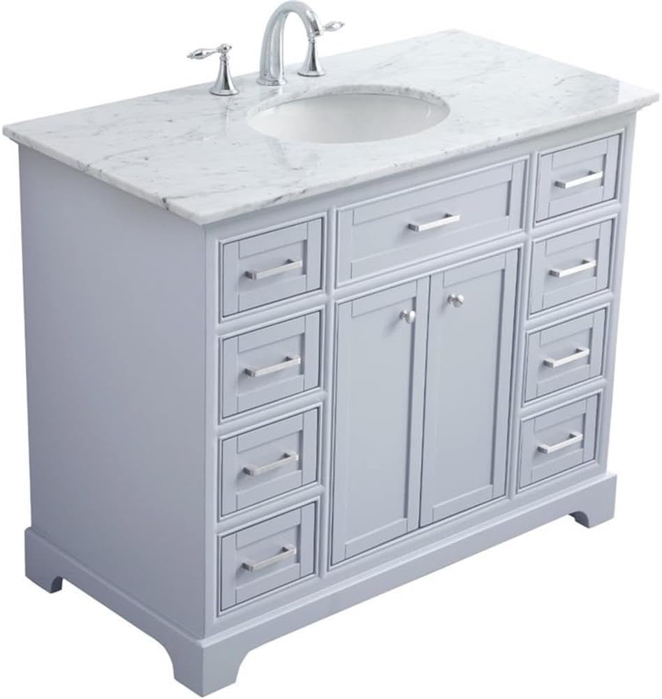 Pemberly Row 42' Single Bathroom Vanity, Solid Wood Base, Light Gray Finish, Carrara Marble Top, Undermount Porcelain Sink, 8 Drawers, 2 Door Cabinet, Free-Standing Design, Contemporary Style for