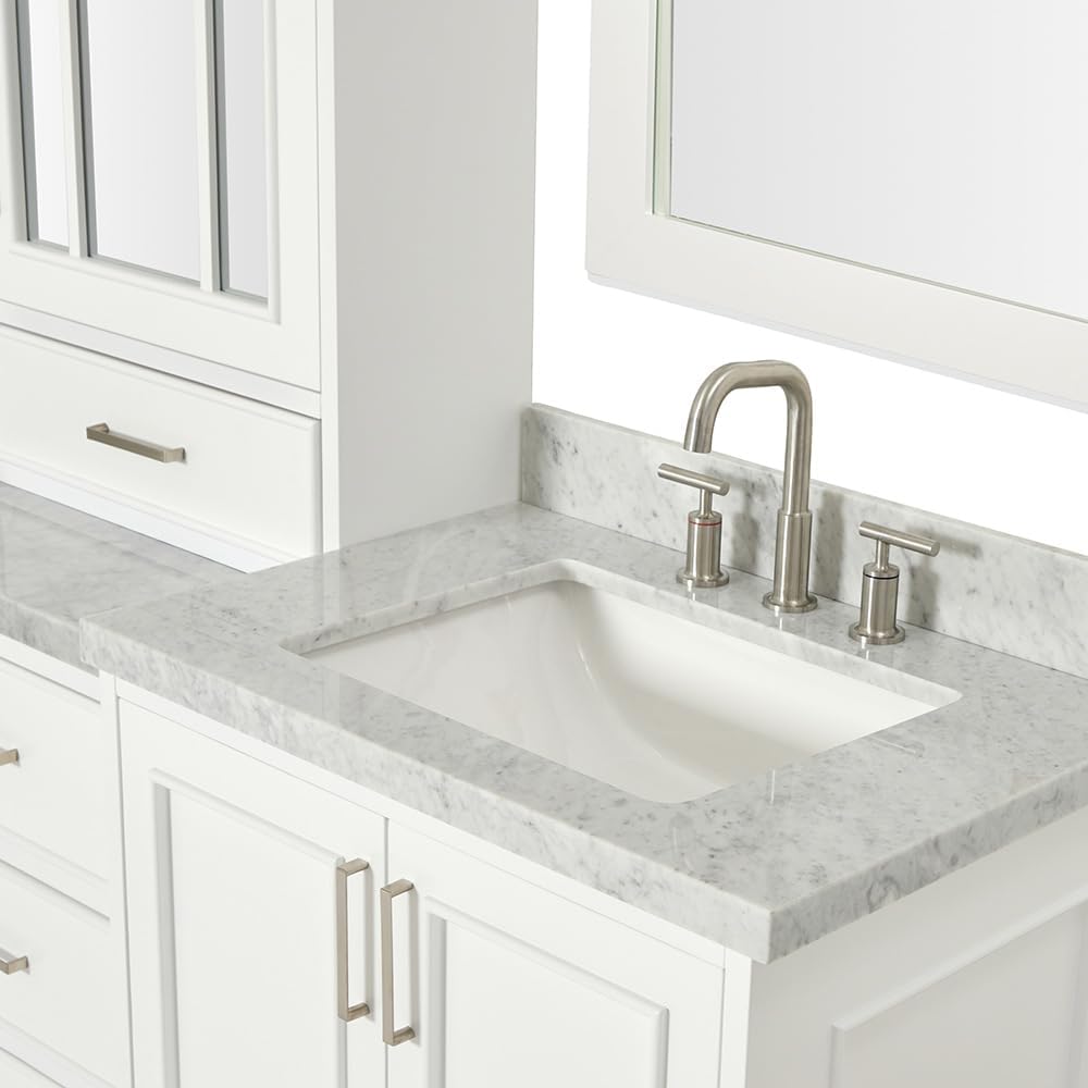 ARIEL Stafford 84-inch Bathroom Vanity with Sink,Solid Wood, 1.5-inch Italian Carrara Marble Countertop, Double Rectangular Porcelain Sink, 5 Soft Closing Doors, 6 Dovetail Drawers, White