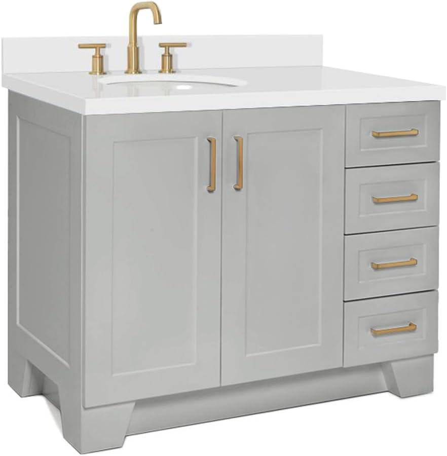 ARIEL Taylor 42-inch Bathroom Vanity with Sink,Solid Wood, 1.5-inch Pure White Quartz Countertop & Backsplash, Single Oval Porcelain Sink, 2 Soft Closing Doors, 5 Dovetail Drawers, Grey