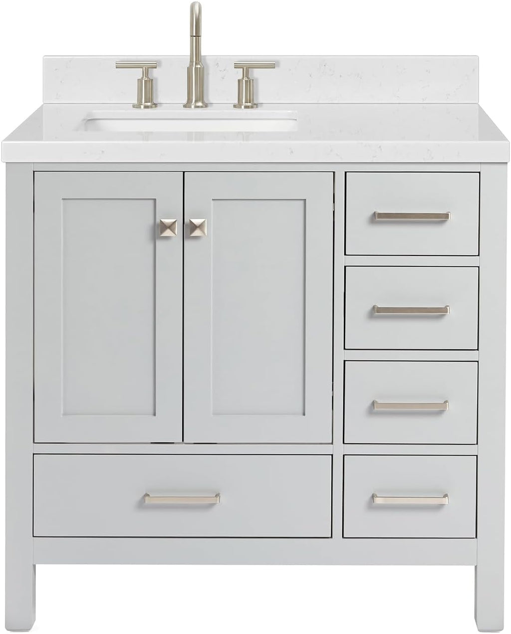 ARIEL Cambridge 36-inch Bathroom Vanity with Sink,Solid Wood, 1.5-inch Carrara White Quartz Countertop, Single Rectangular Porcelain Sink, 2 Soft Closing Doors, 5 Dovetail Drawers, Grey