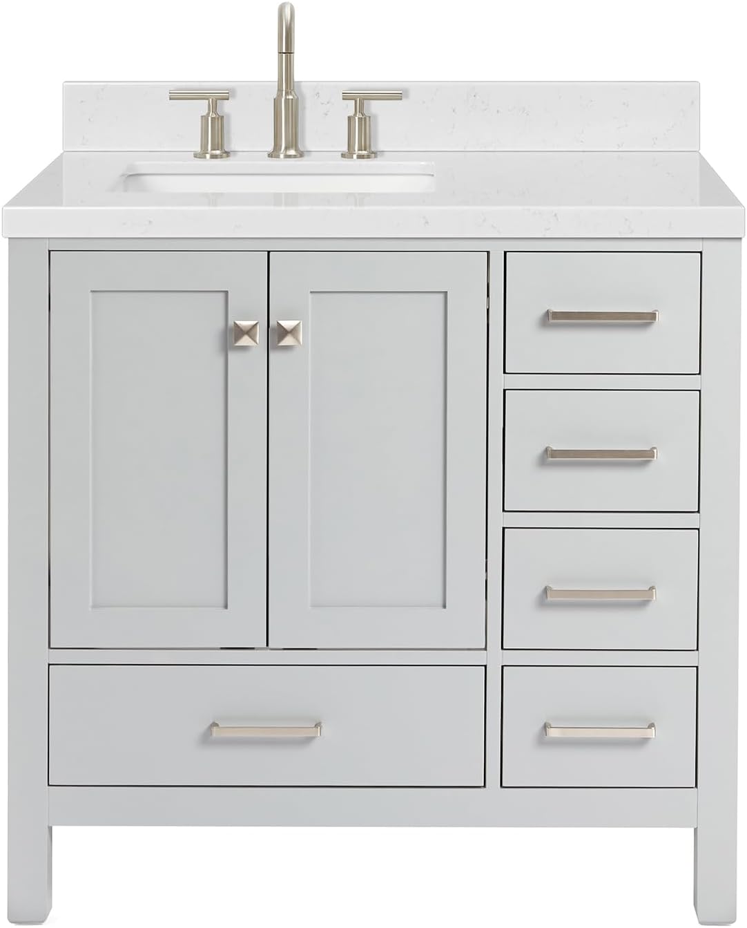ARIEL Cambridge 36-inch Bathroom Vanity with Sink,Solid Wood, 1.5-inch Carrara White Quartz Countertop, Single Rectangular Porcelain Sink, 2 Soft Closing Doors, 5 Dovetail Drawers, Grey
