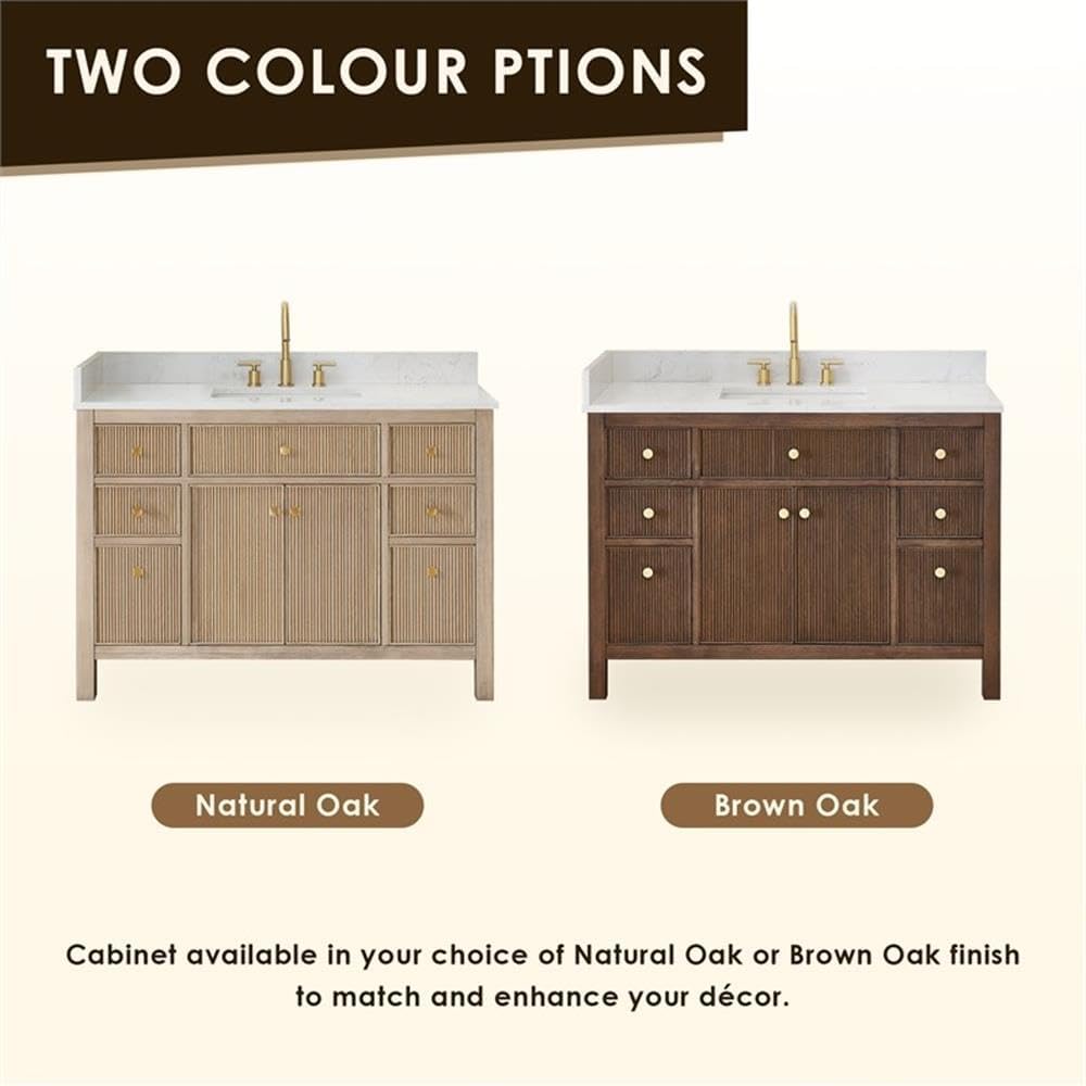 Pemberly Row 48' Wood Bathroom Vanity, Brown Brushed Oak Finish, Grain White Stone Top, Fluted Doors, 7 Drawers, Ceramic Sink, No Mirror Included, Contemporary Style for Bathroom Storage and