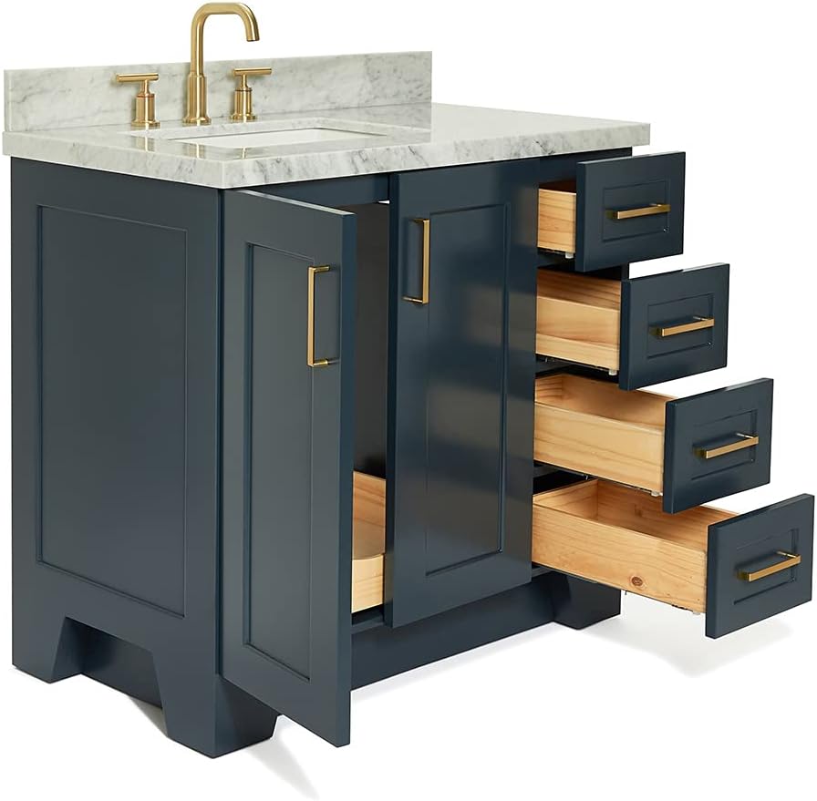 ARIEL Taylor 36-inch Bathroom Vanity with Sink,Solid Wood, 1.5-inch Italian Carrara Marble Countertop, Single Rectangular Porcelain Sink, 2 Soft Closing Doors, 5 Dovetail Drawers, Midnight Blue