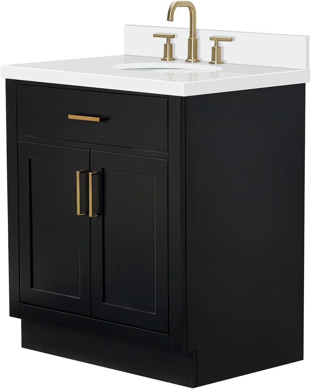 ARIEL Hepburn 30-inch Bathroom Vanity with Sink,Solid Wood, 1.5-inch Pure White Quartz Countertop & Backsplash, Single Oval Porcelain Sink, 2 Soft Closing Doors, 1 Dovetail Drawers, Black