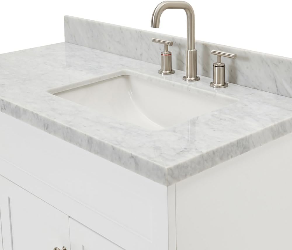 ARIEL 36' Black Bathroom Vanity with Sink, 1.5' Italian Carrara Marble Countertop, Rectangular Undermount Sink, 2 Soft Closing Doors, 2 Dovetail Drawers, Brushed Nickel