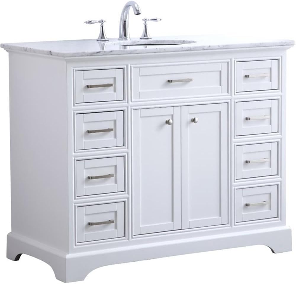 Pemberly Row Contemporary 42' Single Bathroom Vanity, Italian Carrara Marble Top, White Finish, Solid Wood and MDF Base, Porcelain Undermount Sink, Soft Close Drawers, Freestanding Vanity for