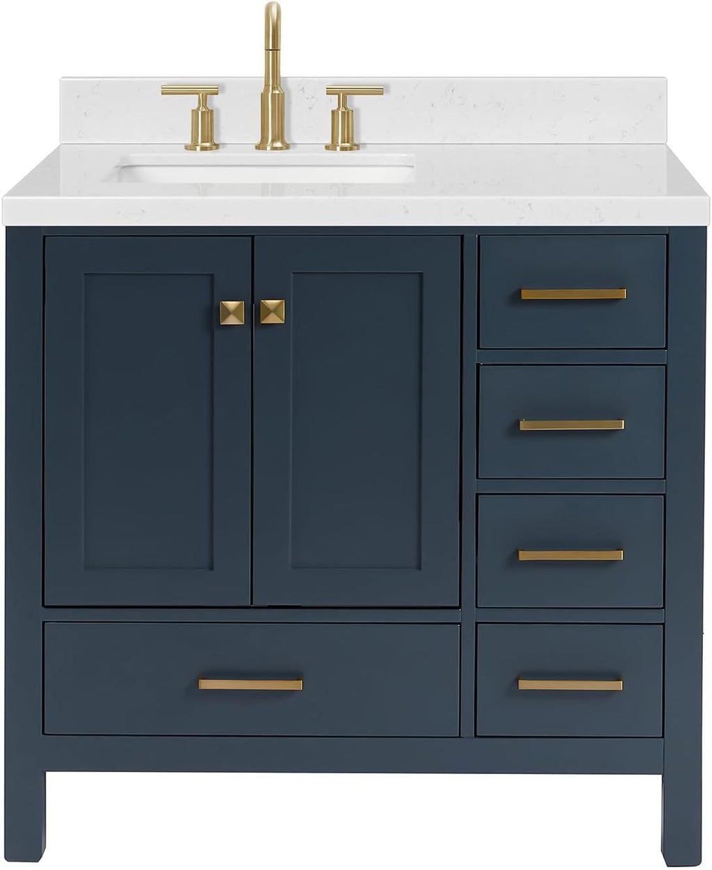 ARIEL Cambridge 36-inch Bathroom Vanity with Sink,Solid Wood, 1.5-inch Carrara White Quartz Countertop, Single Rectangular Porcelain Sink, 2 Soft Closing Doors, 5 Dovetail Drawers, Midnight Blue