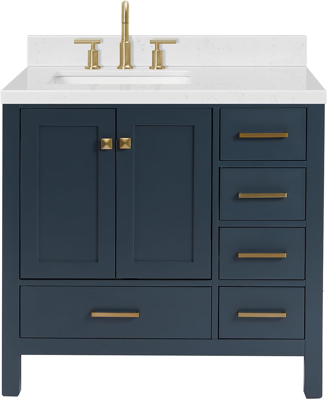 ARIEL Cambridge 36-inch Bathroom Vanity with Sink,Solid Wood, 1.5-inch Carrara White Quartz Countertop, Single Rectangular Porcelain Sink, 2 Soft Closing Doors, 5 Dovetail Drawers, Midnight Blue