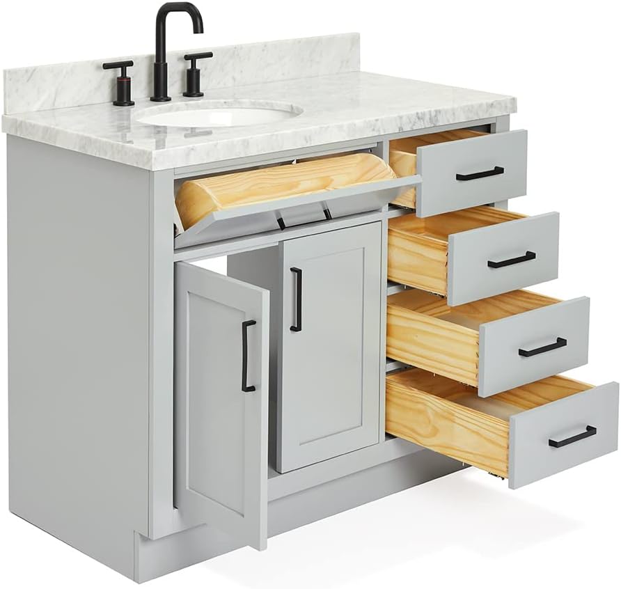 ARIEL Hepburn 43' Inch Left Offset Oval Sink Vanity with 1.5' Edge Carrara White Countertop in Grey