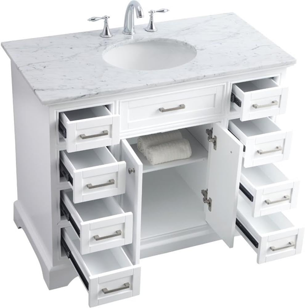 Pemberly Row Contemporary 42' Single Bathroom Vanity, Italian Carrara Marble Top, White Finish, Solid Wood and MDF Base, Porcelain Undermount Sink, Soft Close Drawers, Freestanding Vanity for