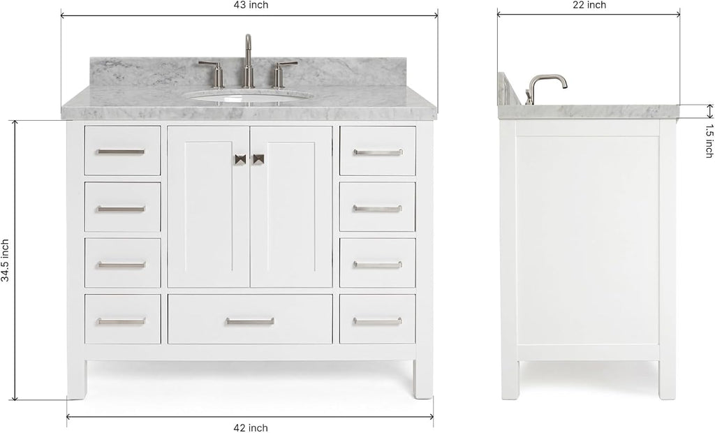 ARIEL Cambridge 42-inch Bathroom Vanity with Sink,Solid Wood, 1.5-inch Italian Carrara Marble Countertop & Backsplash, Single Oval Porcelain Sink, 2 Soft Closing Doors, 9 Dovetail Drawers, White