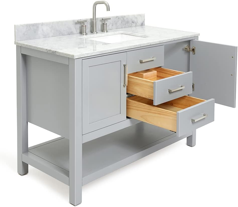 ARIEL Bayhill 48-inch Bathroom Vanity with Sink,Solid Wood, 0.75-inch Italian Carrara Marble Countertop, Single Rectangular Porcelain Sink, 2 Soft Closing Doors, 2 Dovetail Drawers, Grey