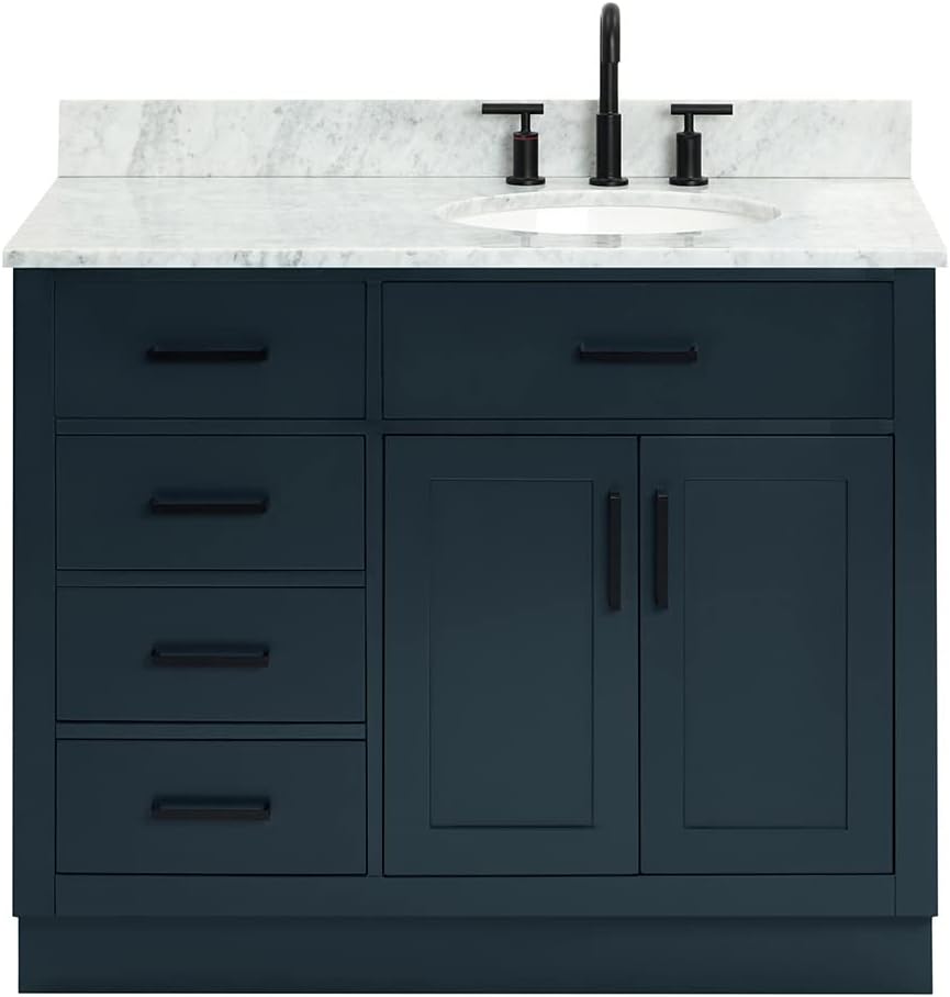 ARIEL Hepburn 43' Inch Right Offset Oval Sink Vanity with 0.75 Inch Edge Carrara White Countertop in Midnight Blue