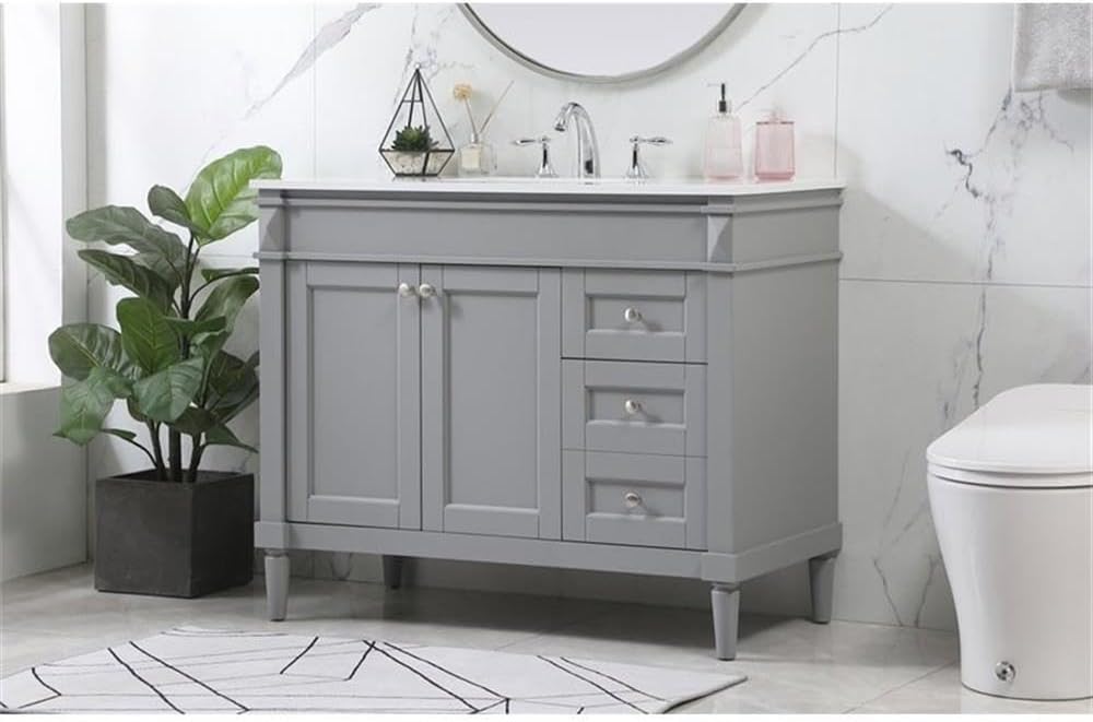Pemberly Row 42' Aluminum MDF Bathroom Vanity, Gray Finish, Quartz Countertop in Ivory White, Rectangular Sink, Soft Close Hinges and Glides, 2-Door Cabinet, Modern Transitional Style for Bathroom Use