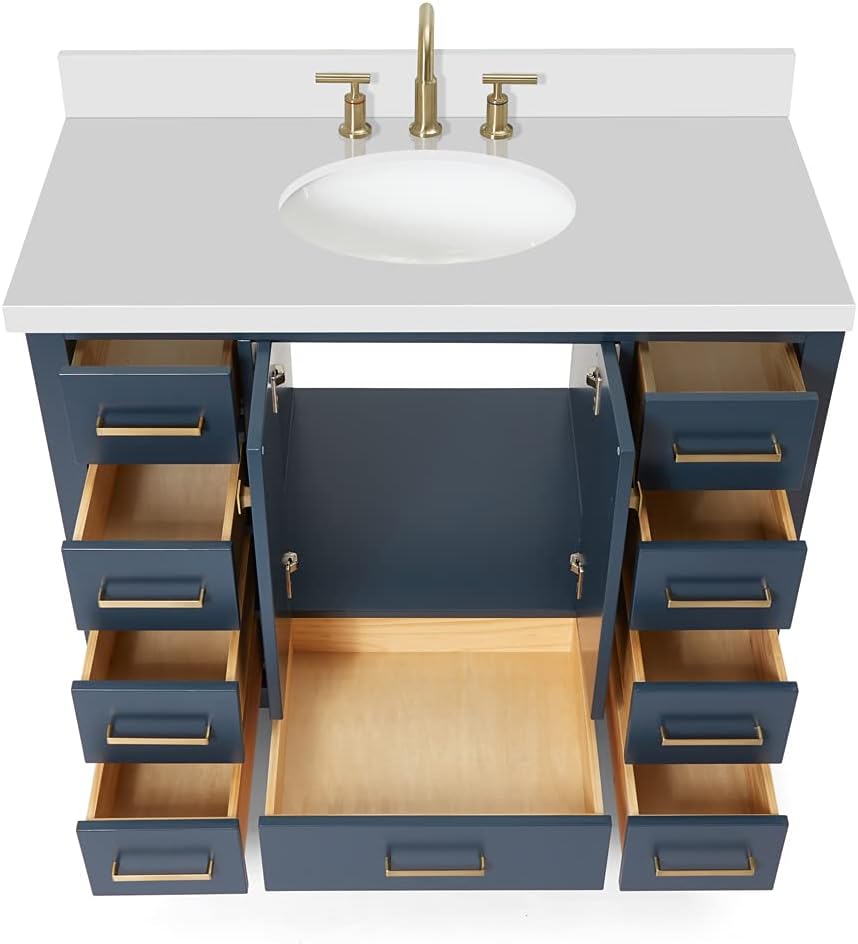 DKB Beckford 42-Inch Midnight Blue Bathroom Vanity with Sink, Solid Wood Cabinet, 1.5' Quartz Countertop & Backsplash, Oval Sink, 2 Soft Closing Doors, 9 Drawers, Brushed Nickel Hardware