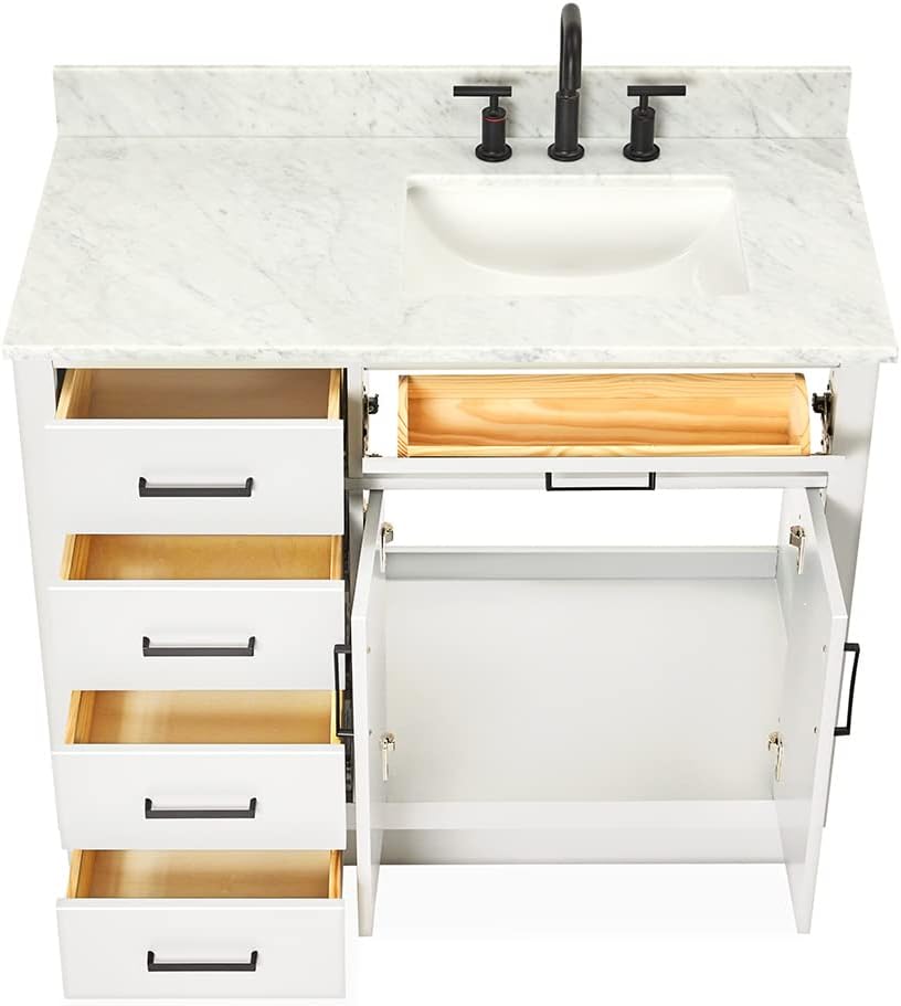 ARIEL Hepburn 43' Inch Right Offset Rectangle Sink Vanity with 0.75 Inch Edge Carrara White Countertop in White