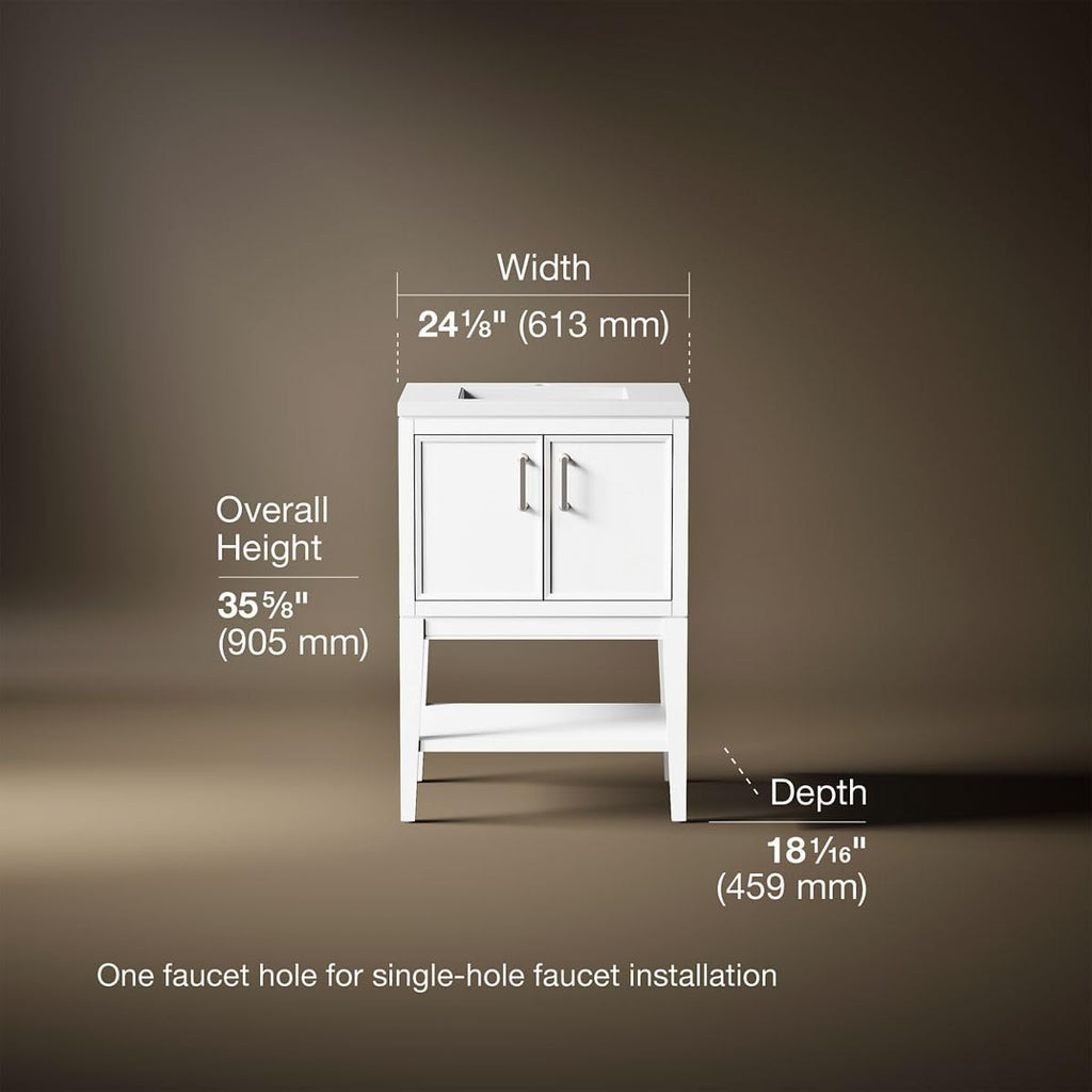 Kohler Winnow 24 Inch Bathroom Vanity Cabinet with White Single Sink and Quartz Top, Modern Bathroom Vanity, White, K-33577-ASB-0