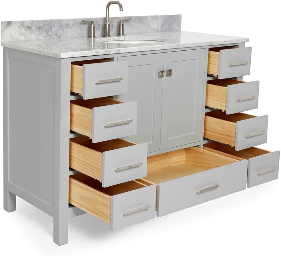 ARIEL Cambridge 48-inch Bathroom Vanity with Sink,Solid Wood, 0.75-inch Italian Carrara Marble Countertop & Backsplash, Single Oval Porcelain Sink, 2 Soft Closing Doors, 9 Dovetail Drawers, Grey