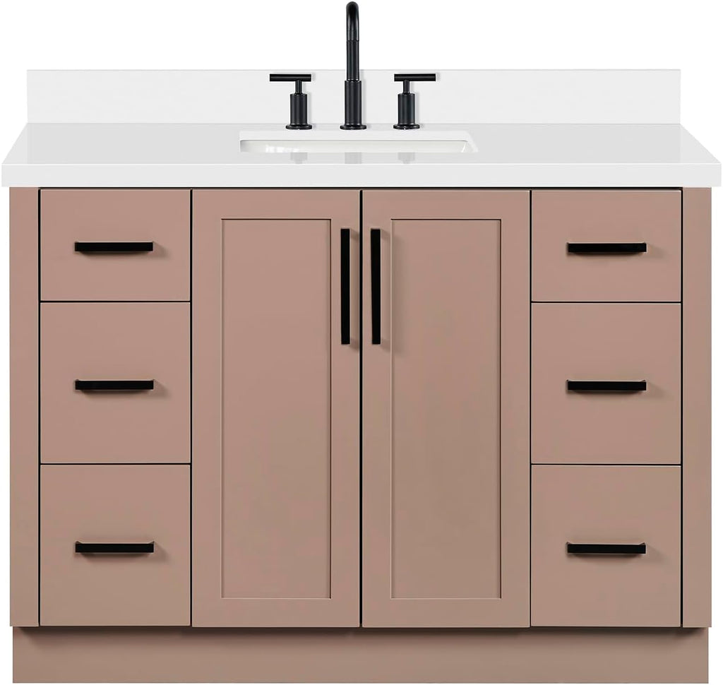 ARIEL Loren 48-inch Bathroom Vanity with Sink,Solid Wood, 1.5-inch Pure White Quartz Countertop, Single Rectangular Porcelain Sink, 2 Soft Closing Doors, 7 Dovetail Drawers, Mocha
