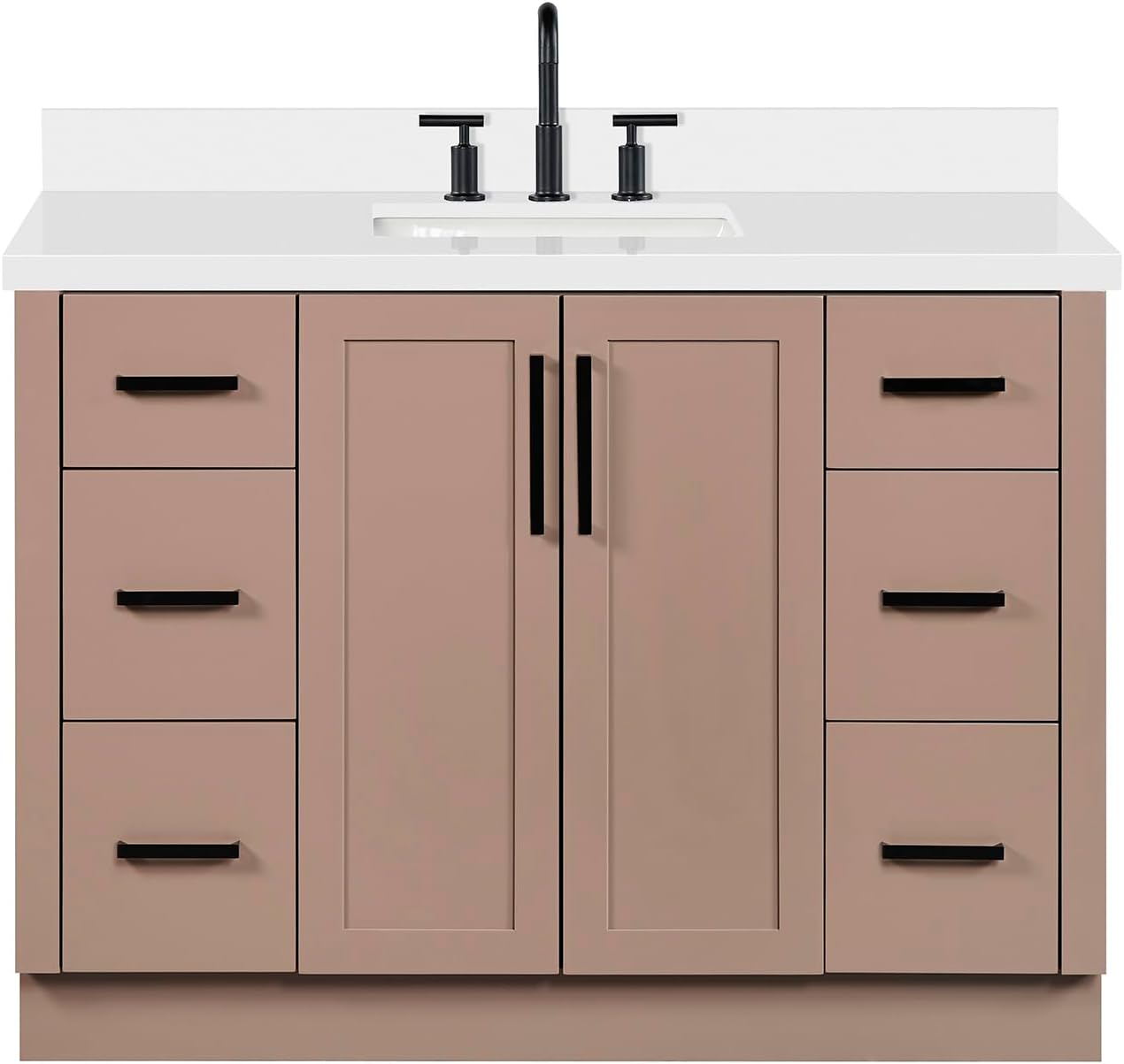 ARIEL Loren 48-inch Bathroom Vanity with Sink,Solid Wood, 1.5-inch Pure White Quartz Countertop, Single Rectangular Porcelain Sink, 2 Soft Closing Doors, 7 Dovetail Drawers, Mocha
