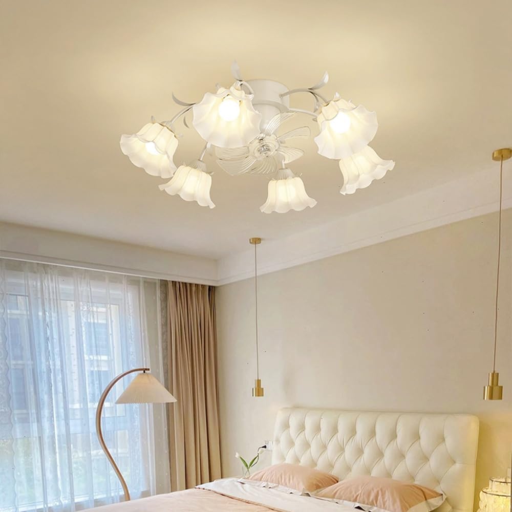 6 Light Flower Ceiling Fan with Lights Remote Control Reversible Fan 360° Oscillating Ceiling Fan Light Milk Glass Modern Fan Light Girls Ceiling Fan Light for Bedroom Living Room Dining Room