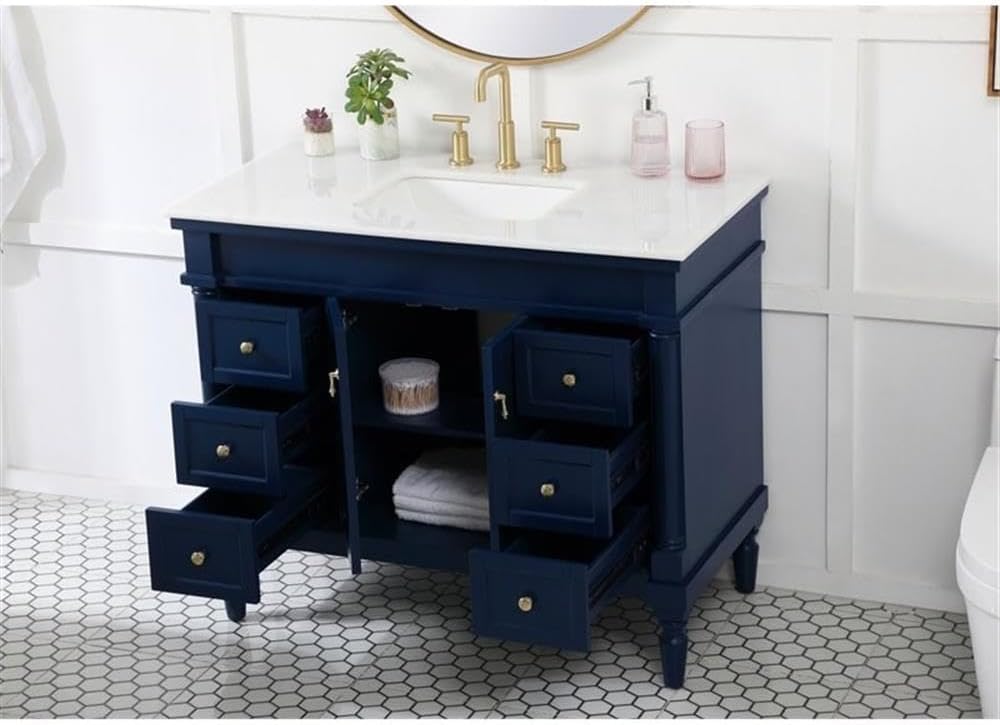 Pemberly Row Traditional 42' Solid Wood Bathroom Vanity, Blue Finish, Off White Marble Top, Porcelain Sink, 6 Soft Closing Drawers, Gold Hardware, Rectangle Design for Bathroom or Powder Room