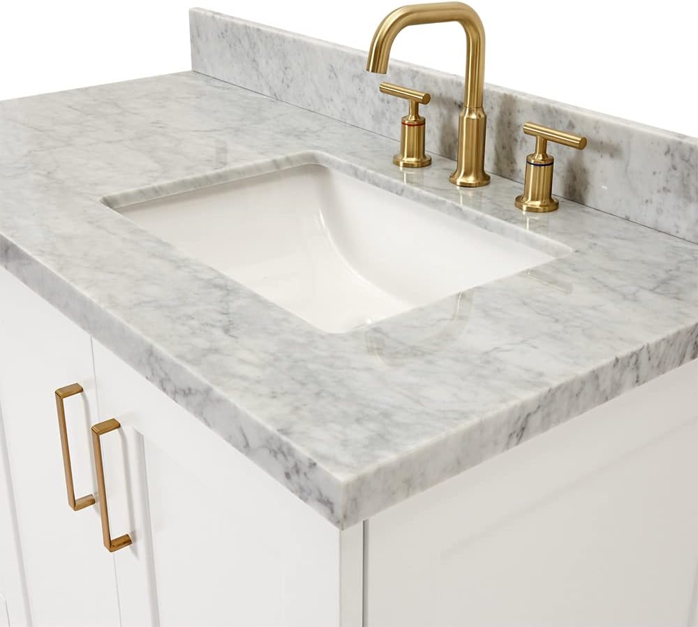 ARIEL 30-Inch Grey Bathroom Vanity with Sink, Solid Wood Cabinet, 1.5-Inch Carrara Marble Countertop, Rectangular Undermount Sink, 2 Soft Closing Doors, Brushed Nickel Hardware
