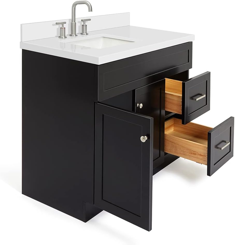 DKB Bradford 42' Black Single Bathroom Vanity with Rectangular Undermount Sink, 1.5' White Quartz Countertop, Solid Wood Frame, 2 Soft-Closing Doors, 2 Full Dovetail Drawers, Brushed Nickel