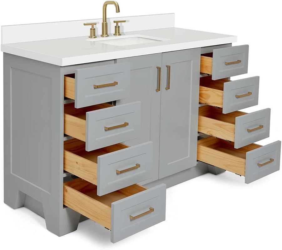 ARIEL Taylor 54-inch Bathroom Vanity with Sink,Solid Wood, 1.5-inch Pure White Quartz Countertop & Backsplash, Single Rectangular Porcelain Sink, 2 Soft Closing Doors, 9 Dovetail Drawers, Grey