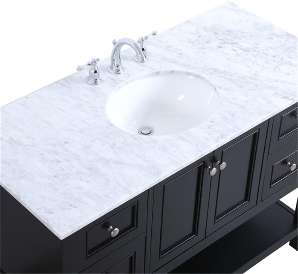 Pemberly Row Contemporary 48' Freestanding Bathroom Vanity, Solid Poplar Wood, Black Finish, Italian White Marble Top with Undermount Porcelain Sink, Soft-Close Drawers, Spacious Storage for Bathroom