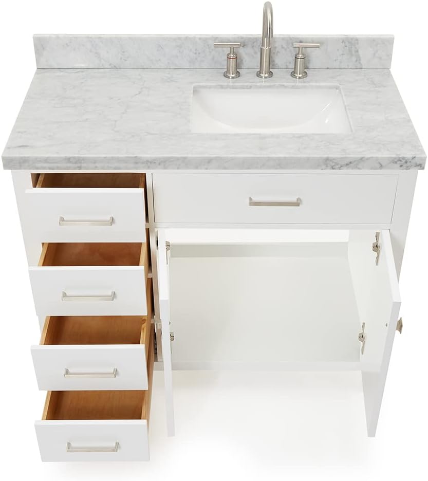 DKB Alenza 42-Inch White Single Bathroom Vanity with Sink, Italian Carrara Marble Countertop, Right Rectangular Undermount Sink, 2 Soft-Closing Doors, 4 Dovetail Drawers, Chrome Hardware