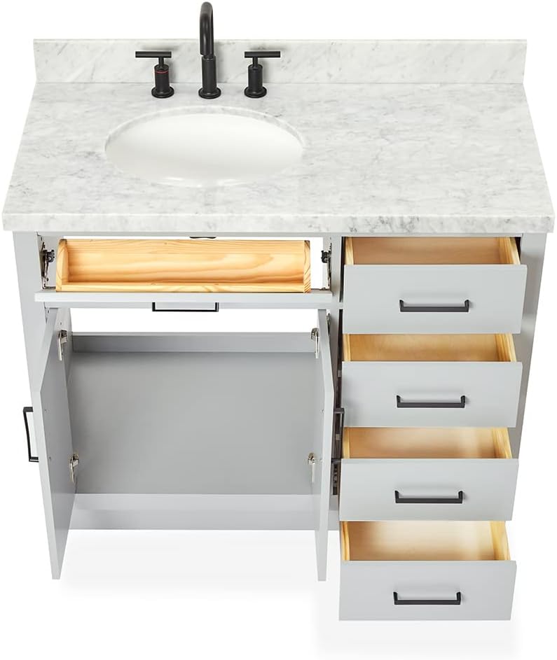 ARIEL Hepburn 43' Inch Left Offset Oval Sink Vanity with 1.5' Edge Carrara White Countertop in Grey
